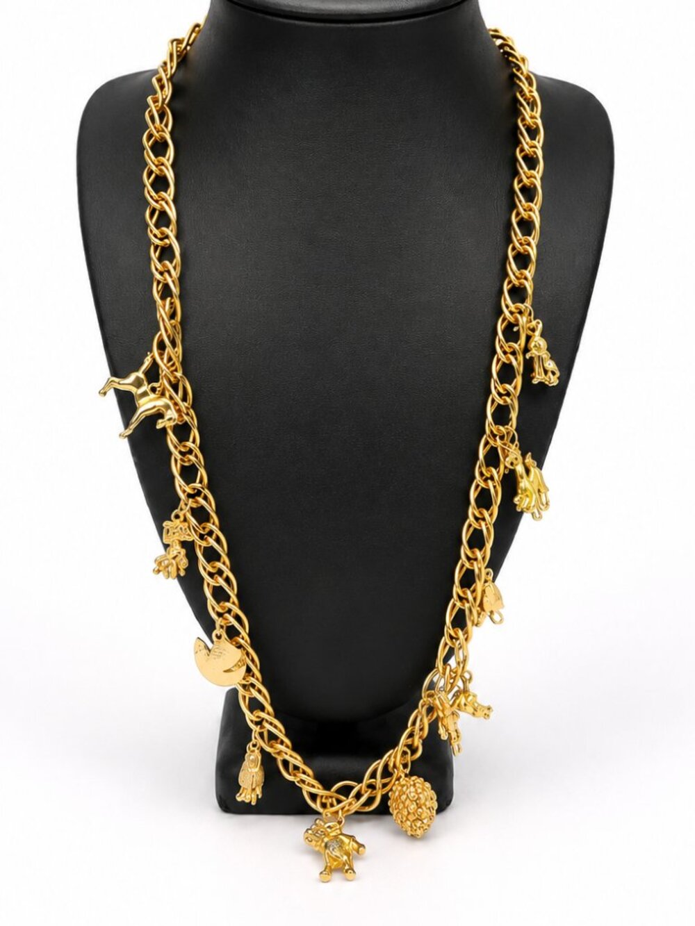 VINTAGE CHARM NECKLACE Gold Tone Animal Figural Multi Charm Statement